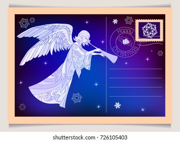 Christmas vintage greeting postcard with angel.