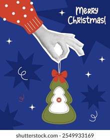 Christmas Vintage halftone collage. Hand holding handmade Xmas tree sewn toy with red bow on blue background. Holiday card. Vector illustration