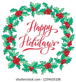 Christmas vintage holly berries wreath, vector hand drawn illustration for design on white background, greeting card, invitation.