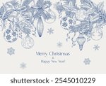 Christmas Vintage illustration with fir branches holly balls bells bows snowflakes ribbons. Blue beige. Hand drawn. Toile Vector background for design holiday decor, decoration new year, greeting card