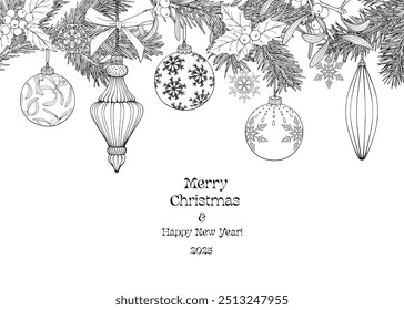 Christmas Vintage illustration with fir branches, balls, bows, holly, snowflakes, mistletoe. Black white Hand drawn vector background for design holidays decor, decoration new year, greeting card