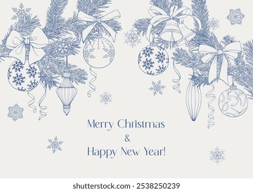 Navidades Ilustración de Antiguas con ramas de abeto Bolas Campanas Lazos Copos de nieve Cintas. Azul beige. Dibujado a mano. Fondo de Vector de arte de línea para decoración de vacaciones de diseño, decoración año nuevo, tarjeta de felicitación