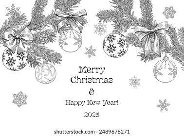 Christmas Vintage illustration with spruce branches, balls, bows, snowflakes. Black and white Hand drawn vector background for design holiday decor, decoration new year, greeting card