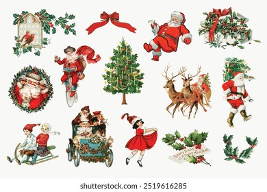 Christmas vintage illustrations set, Santa Claus, Christmas tree and festive decorations. Vintage illustration of Christmas drawing set includes Santa, children, holly, holiday festive design set