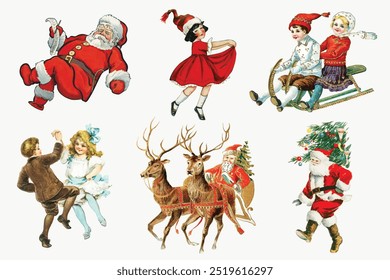 Christmas vintage illustrations set, Santa Claus, Christmas children dance and festive decorations. Vintage illustration of Christmas drawing set, Santa, children, reindeer, holiday festive design set