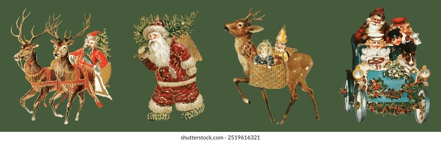 Conjunto de ilustraciones vintage de Navidades, Santa Claus, Navidades de renos, trineo y decoraciones festivas. Ilustración de Antiguas de conjunto de dibujo de Navidades, Santa, renos, conjunto de diseño festivo de vacaciones