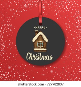 Christmas vintage label with hand drawn gingerbread house and hand made quote "Merry Christmas". Happy New Year. Lettering, sketch. Vector Banner, poster, flyer, brochure.