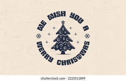 Christmas vintage label, logo. Christmas emblem with grunge texture. Xmas Tree vintage icon. Hipster design. Print for T-shirt. Vector illustration