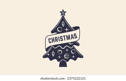 Christmas vintage label, logo. Christmas emblem. Christmas tree icon. Greeting card, flyer, poster, tag design. Print for T-shirt. Vector illustration.