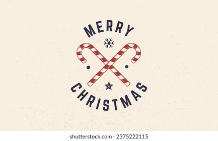 Christmas vintage label, logo. Merry Xmas emblem. Candy canes icons. Greeting card, flyer, poster, tag design. Print for T-shirt. Vector illustration.