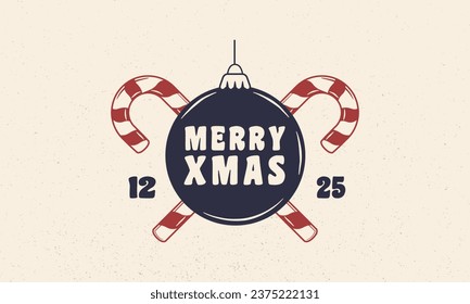 Etiqueta vintage de Navidad, logo. emblema de Feliz Navidad. Iconos de juguetes de Navidad y cañas de caramelo. Tarjeta de saludo, volante, afiche, diseño de etiquetas. Imprimir para camiseta. Ilustración vectorial.