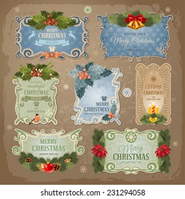 Christmas vintage labels set. Vector illustration. 