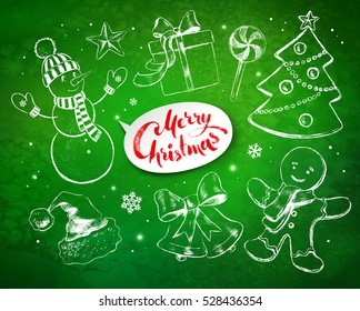 Christmas vintage line art vector set with festive objects and white lettering banner on green grunge background with sparkles