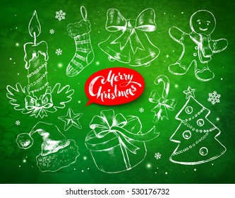 Christmas vintage line art vector set with festive objects and red lettering banner on green grunge background with sparkles