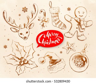 Christmas vintage line art vector set with festive objects and lettering banner on grunge old paper background