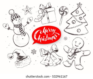 Christmas vintage line art vector set with festive objects and red lettering banner.
