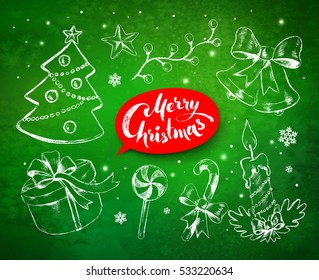 Christmas vintage line art vector set with festive objects and lettering banner on green grunge background with sparkles.