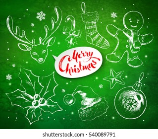 Christmas vintage line art vector set with festive objects and white lettering banner on green grunge background with sparkles.