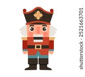 Christmas vintage nutcracker toy soldier in traditional red uniform. Flat vector illustration on white background