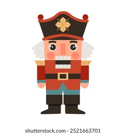 Soldado de juguete cascanueces vintage de Navidades con uniforme rojo tradicional. Ilustración vectorial plana sobre fondo blanco