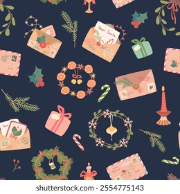 Christmas vintage pattern. Cute envelopes and Christmas wreaths. Suitable for textiles, wrappers, wallpapers