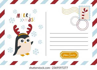 Christmas vintage postcard banner with penguin in horns. Striped border, place for text and mail stamp. Lettering. Funny character in a simple hand-drawn childish style. Vector illustration