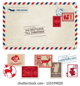 Christmas Vintage Postcard with Postage Stamps - for design, scrapbook - in vector