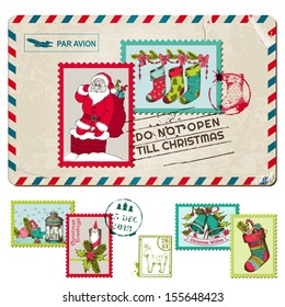 Christmas Vintage Postcard with Postage Stamps - for design, scrapbook - in vector