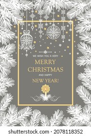 Christmas vintage postcard template for winter holidays with snowy conifer branches vignette, vintage hanging paper cutting decoration and gold candle