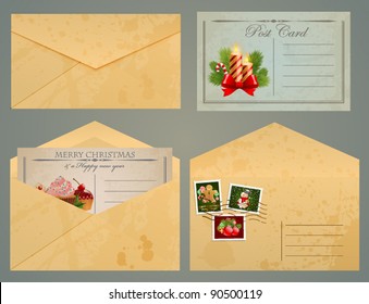 Christmas vintage postcards and envelopes with stamps.