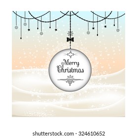 Christmas, vintage poster, background, backdrop, card with simple hanging decorations - ball with white snowflakes, black bow and text Merry Christmas, winter landscape with falling snowflakes
