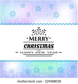Christmas, vintage poster, background, backdrop, card with winter sky with blue, falling snowflakes, black text Merry Christmas and Happy New Year
