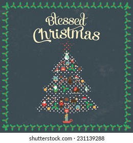 Christmas vintage poster in flat design style / Christmas poster with BLESSED CHRISTMAS inscription / Typographic vector illustration