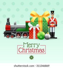 Christmas Vintage Realistic Toys Set With Boxes Toy Soldier Train And Snowflakes Vector Illustration 