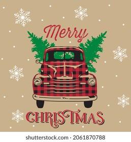 Christmas Vintage Red Truck with buffalo check, Pine tree, and merry christmas wordings-Christmas vector design