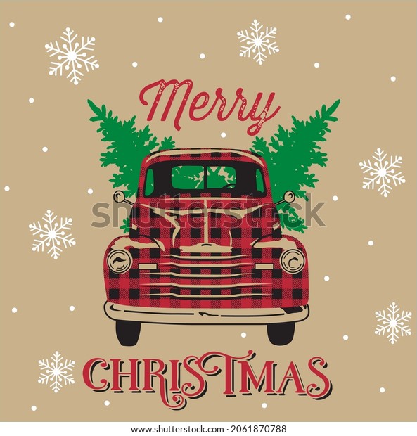 Christmas\
Vintage Red Truck with buffalo check, Pine tree, and merry\
christmas wordings-Christmas vector\
design
