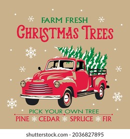 Christmas Vintage Red Truck Isolated pattern with Pine tree and Snowflakes. Farm fresh christmas trees Text-Christmas Red Truck Vector Illustration