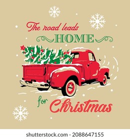 Christmas Vintage Red truck pattern with christmas tree and snowflakes - Christmas vector design