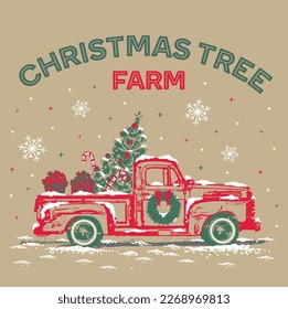 Christmas Vintage Red Truck, Christmas Tree Farm, Christmas Tree, Snowflakes, with Gifts and Candy cane- Christmas Vector Illustration