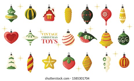 Christmas vintage retro toys set with isolated colourful images of christmas balls decorations of various shape vector illustration