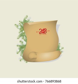 Christmas vintage scroll and sprigs of Christmas trees. Design for a banner, a poster, a postcard with the inscription 2018 Happy New Year and a place for the text