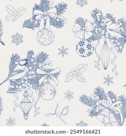 Christmas Vintage seamless pattern with birds fir branches toys bows bells mistletoe holly snowflakes ribbons. Blue beige Hand drawn vector background for design holidays package paper new year decor