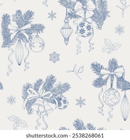 Christmas Vintage seamless pattern with fir branches toys bows bells mistletoe holly snowflakes ribbons. Blue beige Hand drawn linear vector background for design holidays package paper new year decor