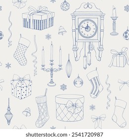 Christmas Vintage seamless pattern with gift boxes, clock, socks, toys, bows, snowflakes. Blue beige. Hand drawn element. Linear vector background for design package, holiday, paper, decor new year