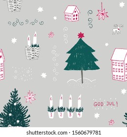 Christmas vintage seamless pattern. Hand drawn elements. God Jul, scandinavian hygge style.