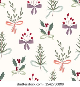 Christmas vintage seamless pattern with holiday branches and bows of ribbons, vector floral illustration in retro flat style.