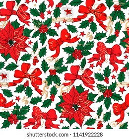 Christmas vintage seamless pattern. Holly, poinsettia, ribbon, berries, stars.Engraving style. Hand drawn elements. 