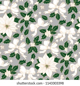 Christmas vintage seamless pattern. Holly, poinsettia, ribbon, berries, stars.Engraving style. Hand drawn elements.