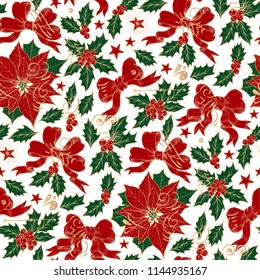 Patrón inquebrantable de Navidad. Holly, poinsettia, cinta, bayas, estrellas. Estilo grabado. Elementos dibujados a mano.