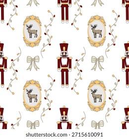 Christmas Vintage Seamless Pattern with Nutcracker, Deer and Frames